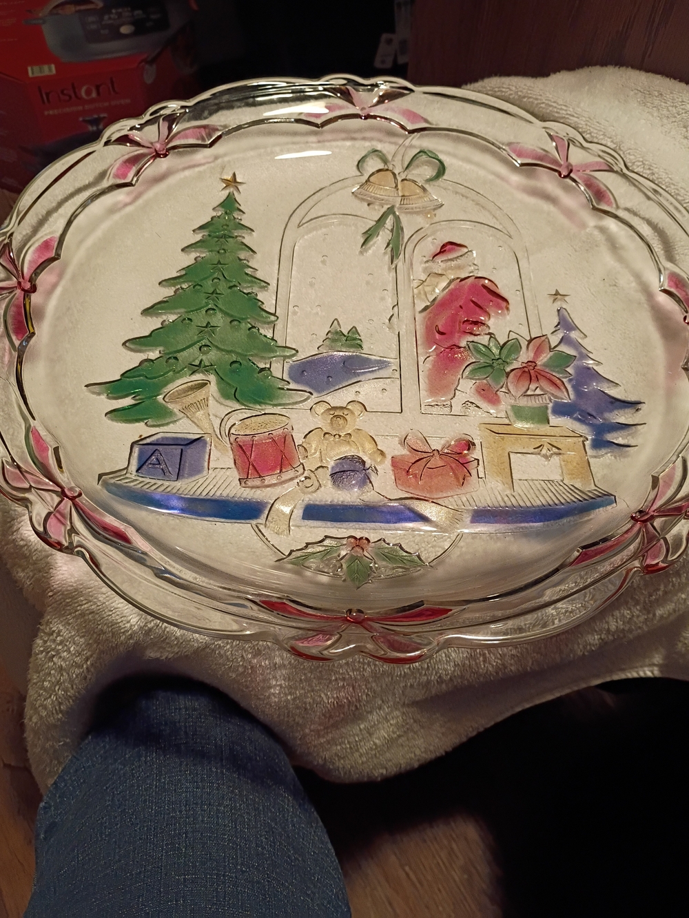Festive Holiday Glass Serving Platter - Clear with Multicolor Accents